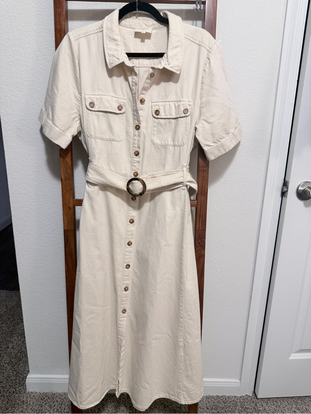 Sezane Raquel Mottled Ecru Button-Front Midi Shirt Dress W/Belt Size 46 (Us 14)